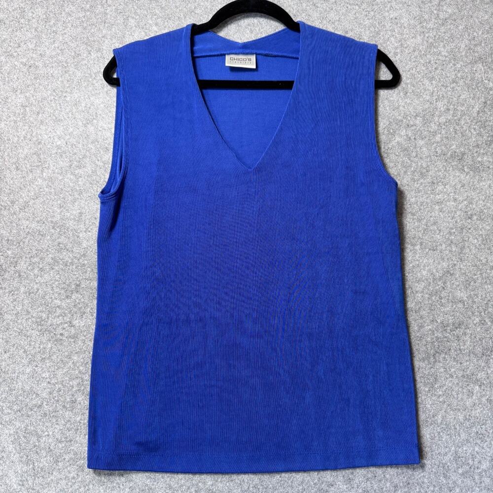 Chico's Travelers Blue Sleeveless V Neck Tank Top Size 1 Medium